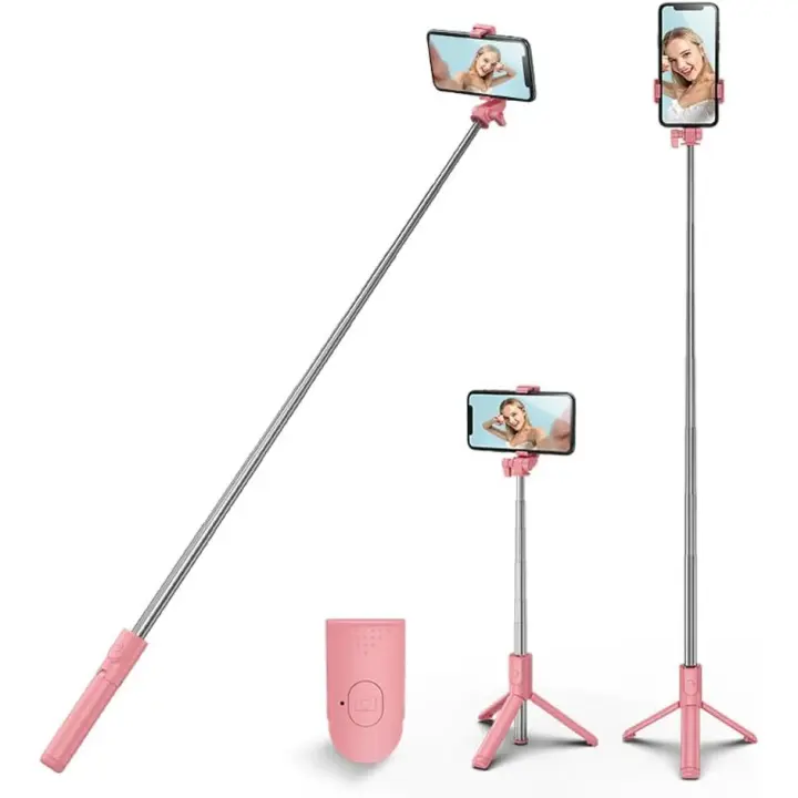 Trípode para selfies 3 en 1, extensible, con rotación de 360° y control remoto inalámbrico desmontable, compatible con iPhone, Android y Samsung (rosa). - 1