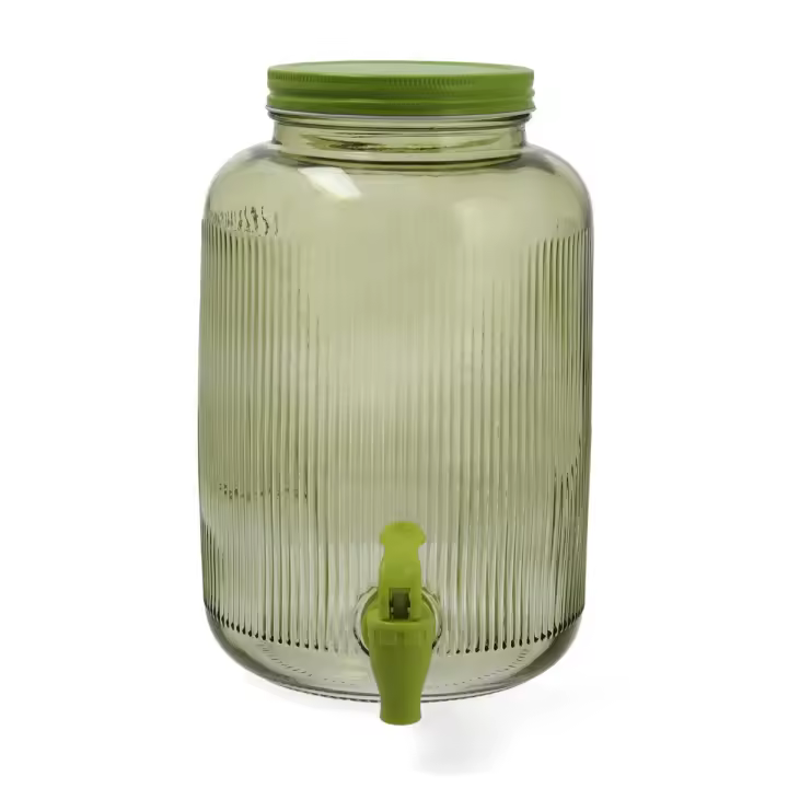 Dispensador de bebidas 4L vidrio con grifo y tapa hermética QUID - Disponible en verde o azul - Ideal para agua, zumos, limonadas o cócteles - Diseño decorativo vintage - Apto frigorífico - Perfecto para fiestas, celebraciones y uso diario - 1