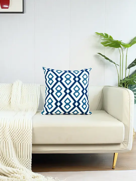 Funda De Cojín Azul Con Bordado Geométrico 1pc Decoración Para Sofa Oficina Dormitorio Estilo Cuadrado Material Poliéster 100% - 1