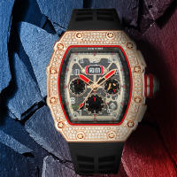 Reloj De Pulsera Masculino PINTIME Casual Fashion Con Bisel De Diamante Y Correa De Silicona Cronógrafo Resistente Al Agua Cuarzo Luminoso Tipo Tonneau Material Metálico - details 0
