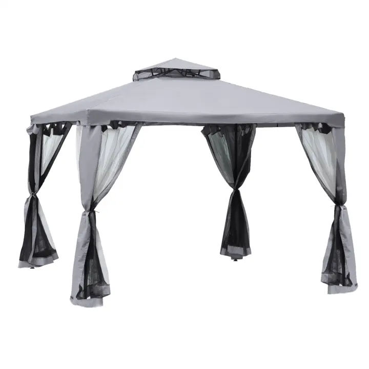 Outsunny Garden Gazebo 3x3m, Carp para fiesta con 4 Paredes laterales resistentes a la intemper, fabricada en metal y poliéster de color gris Claro, ideal para Jardines y eventos. - 1