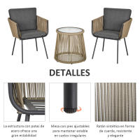 Outsunny Conjunto de Jardín Exterior de 3 Piezas Juego de 2 Sillas y Mesa de Ratán con Cojines Acolchados y Encimera de Vidrio para Balcón Terraza Café y Gris - details 3