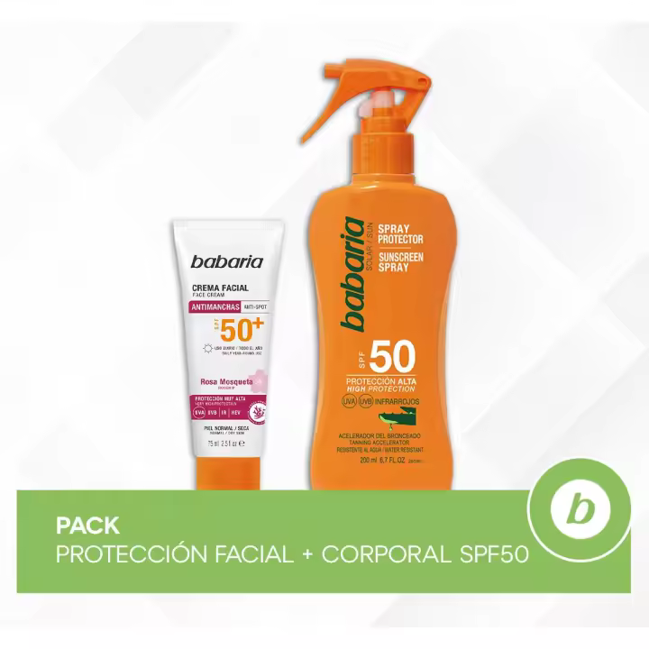 Babaria Pack Protección Facial + Corporal SPF50: Spray Protector Solar y Crema Facial Solar Antimanchas para Cuidado, Hidratación y Prevención de Manchas - 1