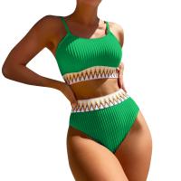 Bikini De Verano Para Mujer Estilo Playa Moda Elegante Con Cintura Alta Y Efecto Delgado Dos Piezas Color Bloqueado Conjunto De Baño Con Suspensión - details 11