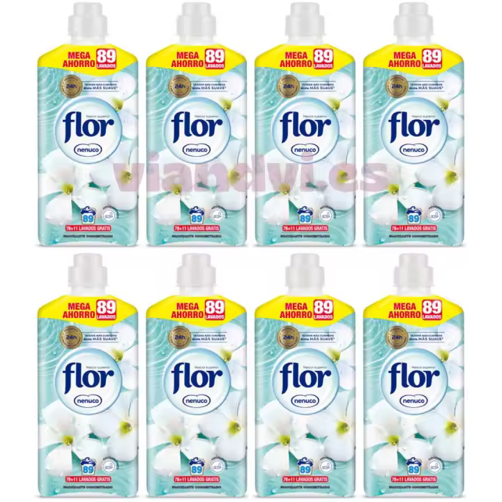 FLOR Suavizante concentrado fragancia Nenuco - pack AHORRO de 712 lavados -12,816 Litros (8 botellas de 1,602ml y 89 lavados cada una) - 1