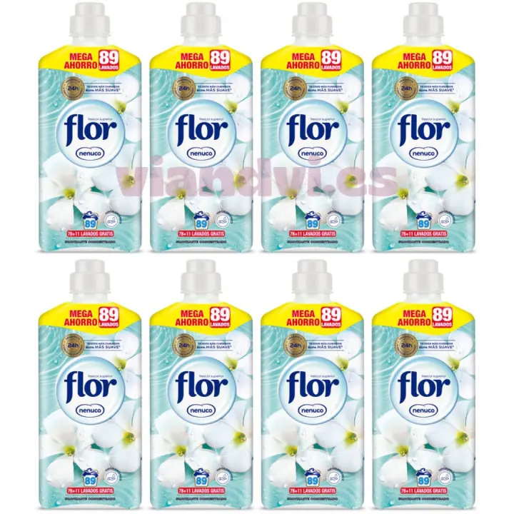 FLOR Suavizante concentrado fragancia Nenuco - pack AHORRO de 712 lavados -12,816 Litros (8 botellas de 1,602ml y 89 lavados cada una) - 1