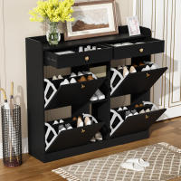 Zapatero Negro Mate Moderno | 4 Puertas Batientes + 2 Cajones + 3 Estantes Abridos| Organización Multinivel | Diseño Compacto 110x26x100 cm | Ideal para Pasillos, Entradas y Espacios Pequeños | Estilo Minimalist Elegant - details 5