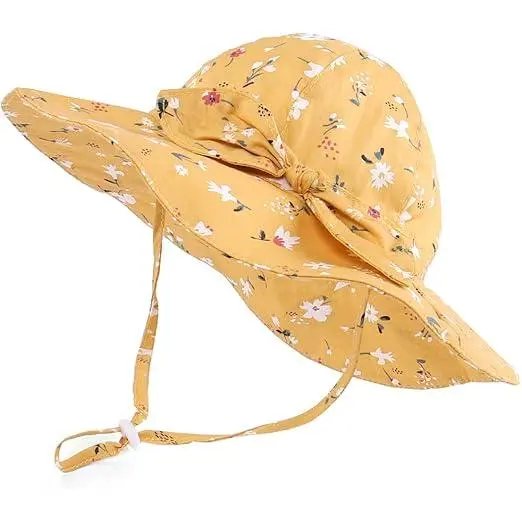 Sombrero de Playa de Algodón para niños, con visera Ancha y Correa ajustable para la Barbilla, color Amarillo - 1