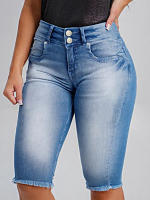 Pantalones De Mezclilla Para Mujer Cintura Alta Ajustados Diseño De Lana Casual De Rodilla Longitud Cierre Con Botón Y Cremallera - details 2