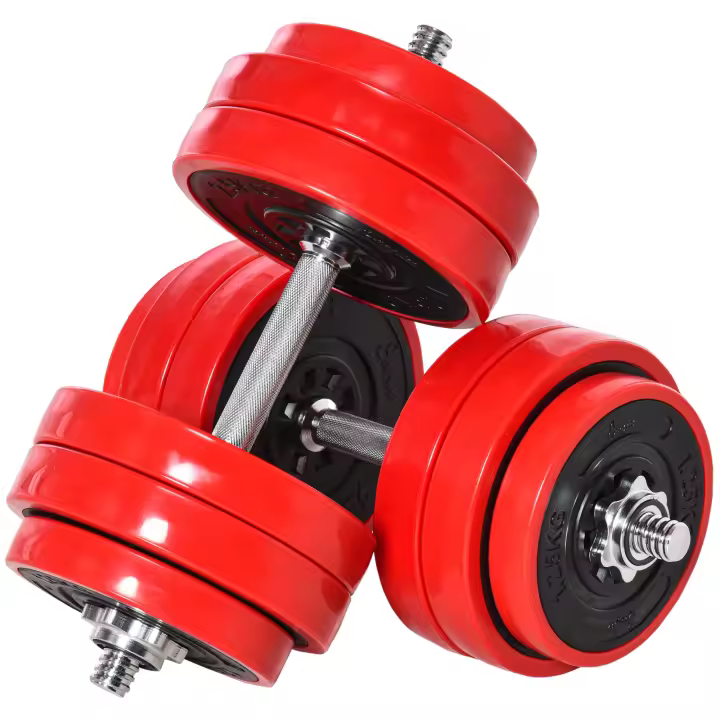 HOMCOM Juego de Mancuernas 30 kg Ajustables 2 en 1 con 12 Discos de Hierro 2 Barras y Biela Ajustable para Entrenamiento de Fuerza Levantamiento de Pesas Hogar Gimnasio Oficina Negro y Rojo - 1
