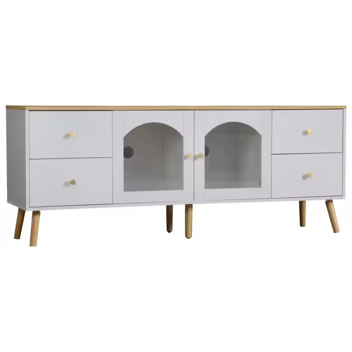 Mueble TV with almacenamiento, decorative mueble with 2 Puertas laterales Cristal Templado, entretenimiento TV Mesa decorative en Diseño Curvo, adecuada para Comedor, Salón, Zona de entrada, decoración en Madera Blanca - 1