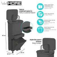 Papelera de reciclaje de clasificación selectiva con pedal, rudas y asa de doble compartimentos Color Negro antracita de 38L (24L + 14L) - details 2