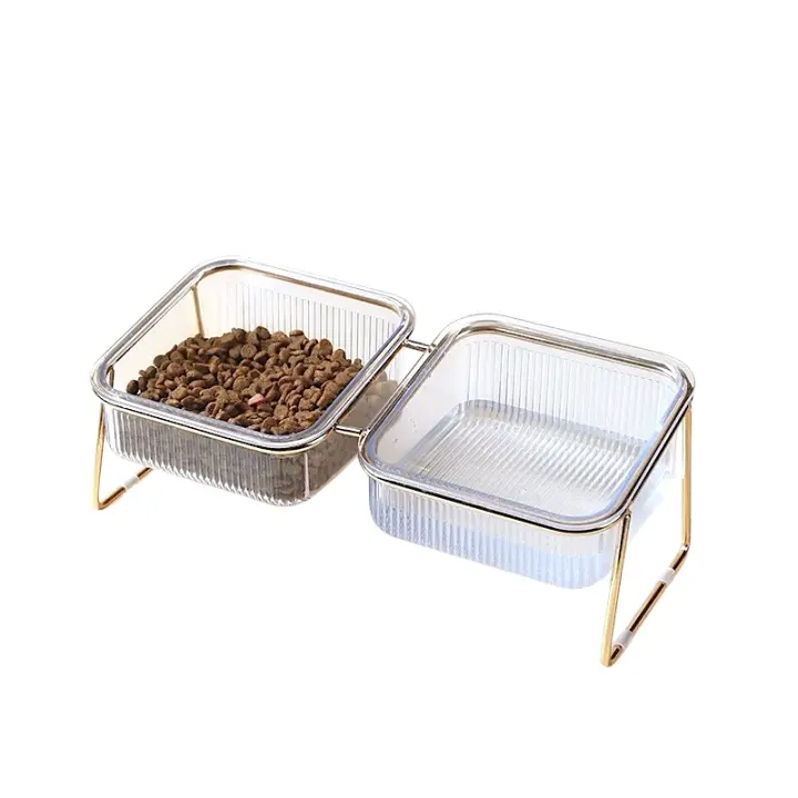 Comedero elevado transparente para gatos y perros pequeños, Dimensiones de 11x30.5x14.4 cmcon soporte de bambú y una inclinación de 15°, que promueve una postura ergonómica durante la alimentación, facilitan la ingesta. Diseño moderno y creativo, ide - 1