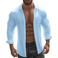 Camisa informal de manga larga de color liso para hombre, camisa playera de algodón con solapa y botones, de manga larga - details 14