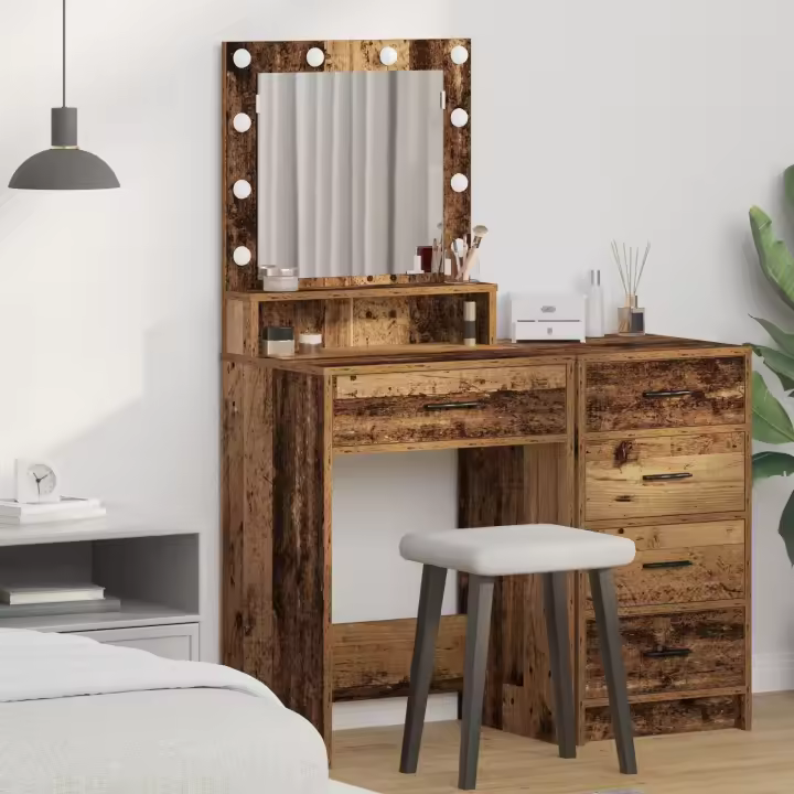 Mesa de tocador vidaXL con luces LED de madera envejecida 50x41x135 cm - 1
