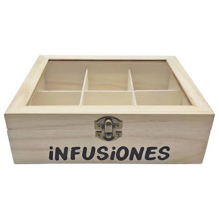 Caja de madera "Infusiones" con 6 compartimentos y tapa de cristal 6,5 x 20,5 x 15,5 cm. Caja de almacenamiento para guardar infusiones con ventana transparente - 1