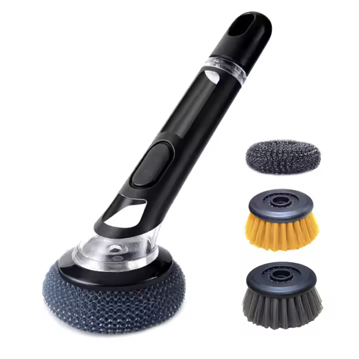 Cepillo de limpieza de cocina con mango dispensador de jabón, cabezal de cepillo multifuncional para sartenes, ollas, fregadero de cocina, herramienta de limpieza 4 en 1 para el hogar y - 1
