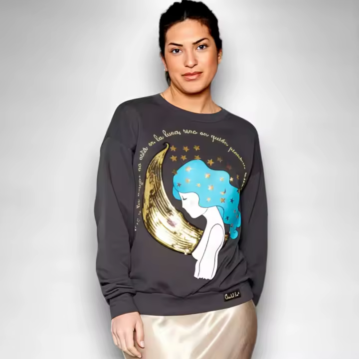 Sudadera Luna Anabel Lee Mujer | Gris Antracita Algodón Oversize | Maxi Print Lentejuelas Foil Dorado - 1