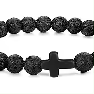 Pulsera de cruz de piedra natural negra esmerilada, pulsera elástica con cuentas para hombre, ideal para estiramiento, relajación, yoga, oración cristiana retro, regalo de bautismo, joyería - 1