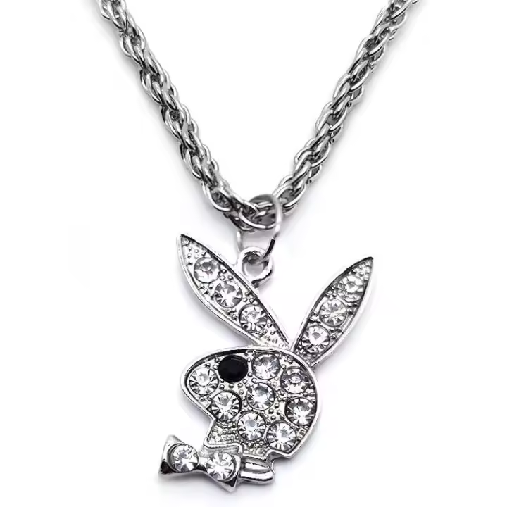 Lindo collar de conejo, collar punk de hip-hop callejero, collar de diamantes blancos de acero inoxidable, collar de moda retro literario, accesorios salvajes de dibujos animados. - 1