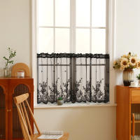 Cortina Corta De Encaje Negro Con Patrón Floral Elegante Valance De Ventana Pastoral Para Cocina Con Bolso De Percha 1 Pieza - details 0