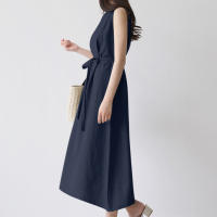 Vestido Largo De Verano Para Mujer Estilo Vintage De Algodón Y Lino Cuello Redondo Sin Mangas Cinturado Talla Grande Casual - details 5