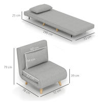 HOMCOM Sofá Cama de 1 Plaza 3 en 1, Sillón Cama Plegable, Tapizado en Lino Sintético, con Respaldo Ajustable en 6 Niveles, Almohada, Asiento Ancho, Patas de Madera, 72x78x79 cm, Gris - details 2