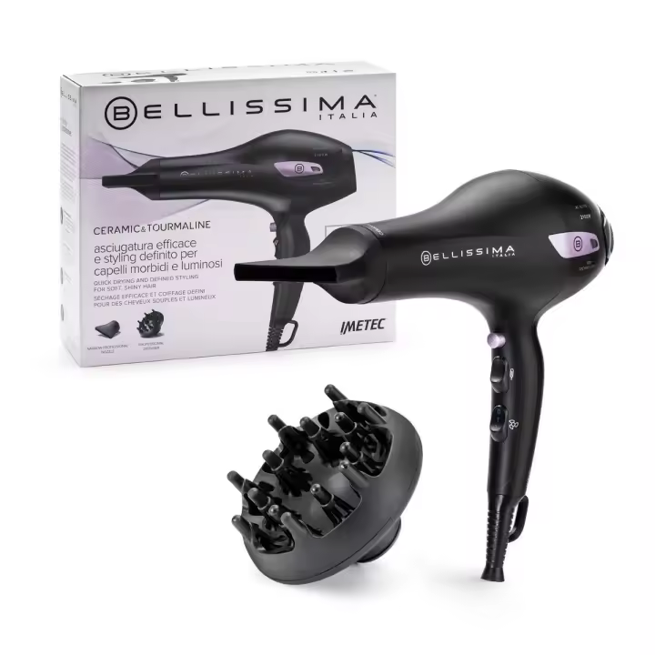 Bellissima Ceramic & Tourmaline - Secador de Pelo con Tecnología Iónica, Revestimiento de Cerámica y Turmalina, 2 Velocidades y 3 Temperaturas, Difusor y Concentrador - 1