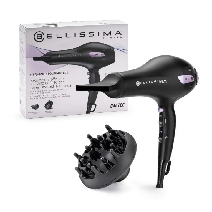 Bellissima Ceramic & Tourmaline - Secador de Pelo con Tecnología Iónica, Revestimiento de Cerámica y Turmalina, 2 Velocidades y 3 Temperaturas, Difusor y Concentrador - 1