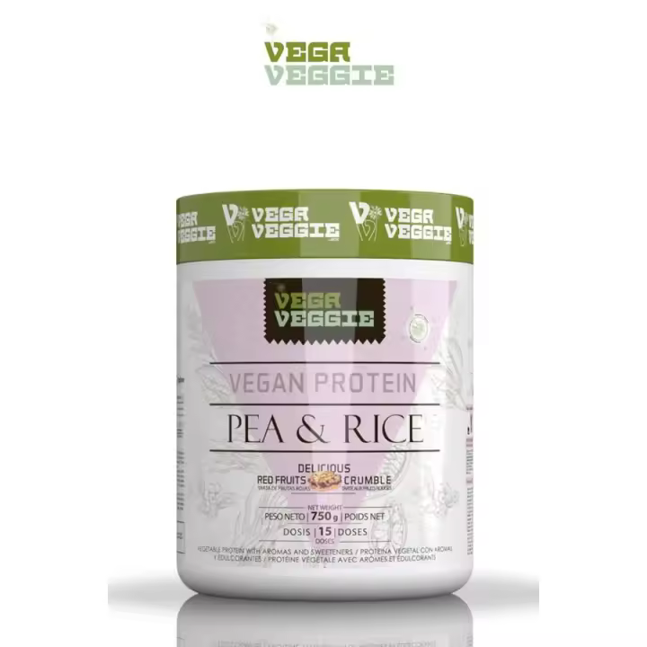 PEA & RICE VEGA VEGGIE. Proteína vegetal [750g] MEzcla de proteinas veganas de guisante y arroz en dos deliciosos sabores de chocolate doble y crumble de frutos rojos - 1