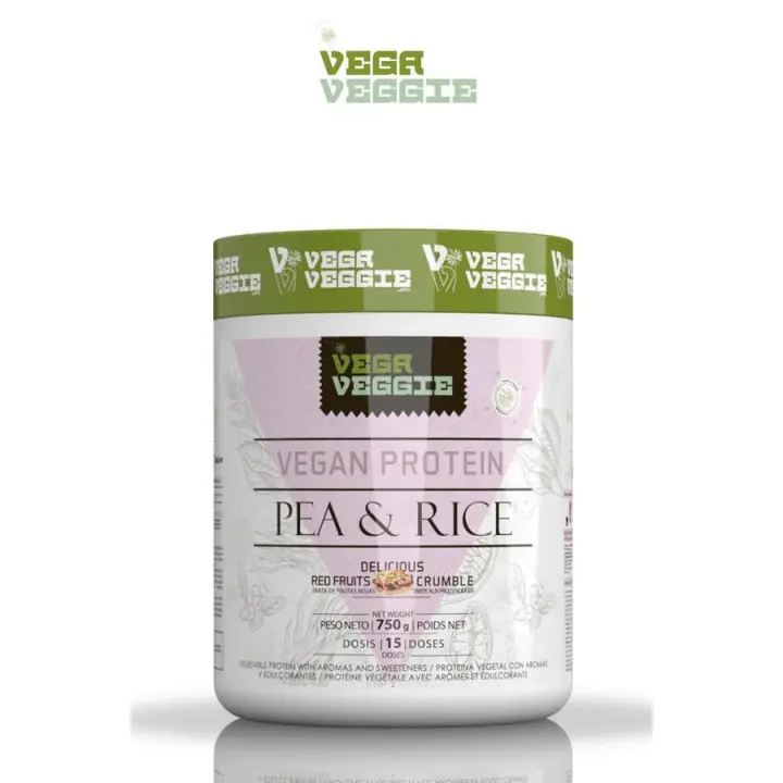 PEA & RICE VEGA VEGGIE. Proteína vegetal [750g] MEzcla de proteinas veganas de guisante y arroz en dos deliciosos sabores de chocolate doble y crumble de frutos rojos - 1