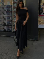 Vestido Maxi De Verano Para Mujer Elegante Y Chic Con Plegado Y Patchwork En Negro Cuello Media-Torço Manga Corta Cintura Alta A-Line Para Oficina Y Calle - details 27