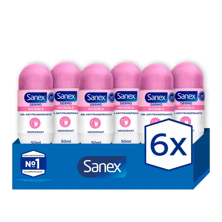 Desodorante roll-on Sanex Antitranspirante Dermo Invisible 48h Pack de 6 | Protección Eficaz sin Manchas en la Ropa. Frescura y protección sin dejar huella. - 1