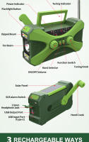 【 10000 mAh 】Radio DE EMERGENCIA Solar de manivela, Radio meteorológica NOAA de múltiples Fuentes de Alimentación, linterna, lámpara de Lectura, Cargador de teléfono móvil, Alarma SOS, radio AM/FM/WB portátil con conector para auriculares (verde) - details 3
