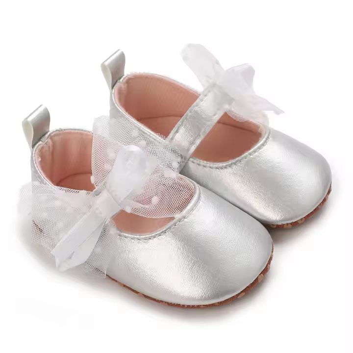 Zapatos De Princesa Plateada Para Bebés Recién Nacidos 0-18M Casual Con Lazo Antideslizante Suela De Tela Bajo El Tobillo PU Decoración De Cinta Para Niñas - 1