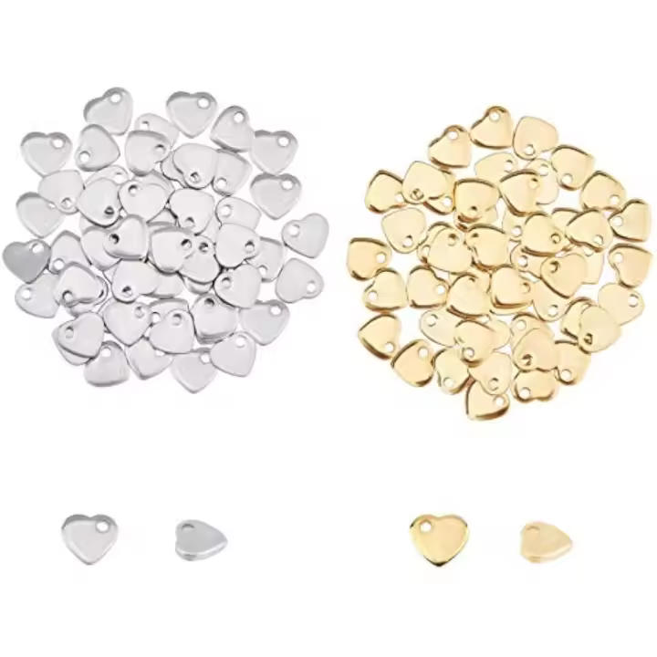 Alrededor De 100 Piezas De 2 Colores Encanto De Corazón Plano Pequeño Colgante De Amor En Acero Inoxidable Charme Hypoallergénico Con Agujero Pequeño De 1mm - 1