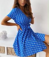 Vestido Casual De Mujer Con Puntos Y Cuello En V Talla S-2XL Manga Corta A-Line Con Cinturón Para Comunicación Y Fiestas De Verano - details 2