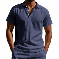 Camisa POLO de manga corta con solapa y botones, informal, de lino, transpirable, estilo británico, de verano para hombre - details 17