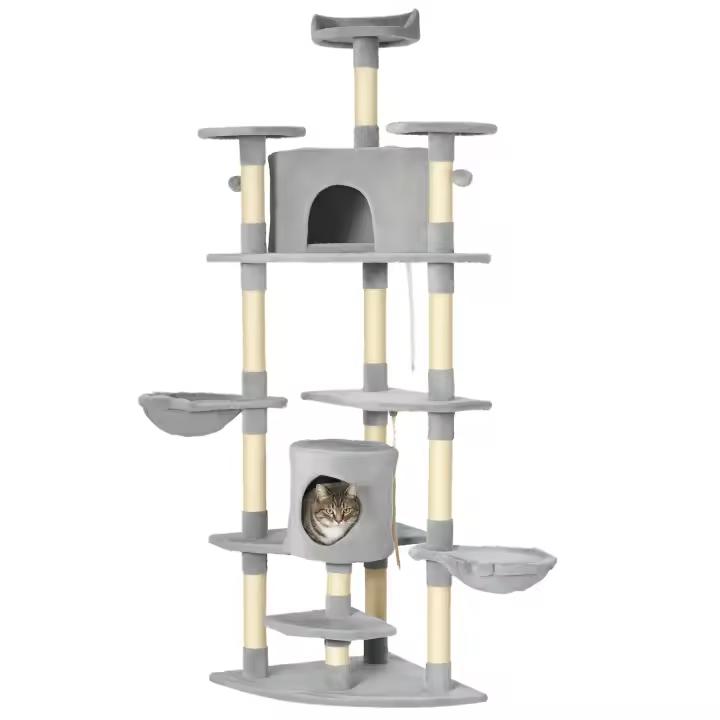 PawHut Árbol Rascador para Gatos Altura 200 cm Torre para Gatos con 2 Cuevas 2 Hamacas Cama Múltiples Plataformas Postes de Sisal y Bolas de Juguete 60x60x200 cm Gris - 1