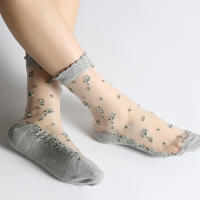Calcetines De Encaje Transparentes Y Transpirables Para Mujer Ultra Delgados Con Bordado De Rosas De Cristal Para Verano Moda Calcetines De Algodón Y Poliéster Elásticos - details 3