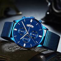 Reloj De Pulsera De Cuarzo Para Hombre Estilo De Negocios Y Casual Material De Acero Inoxidable Azul Con Correa De Malla Reloj Analogico Con Calendario - details 5