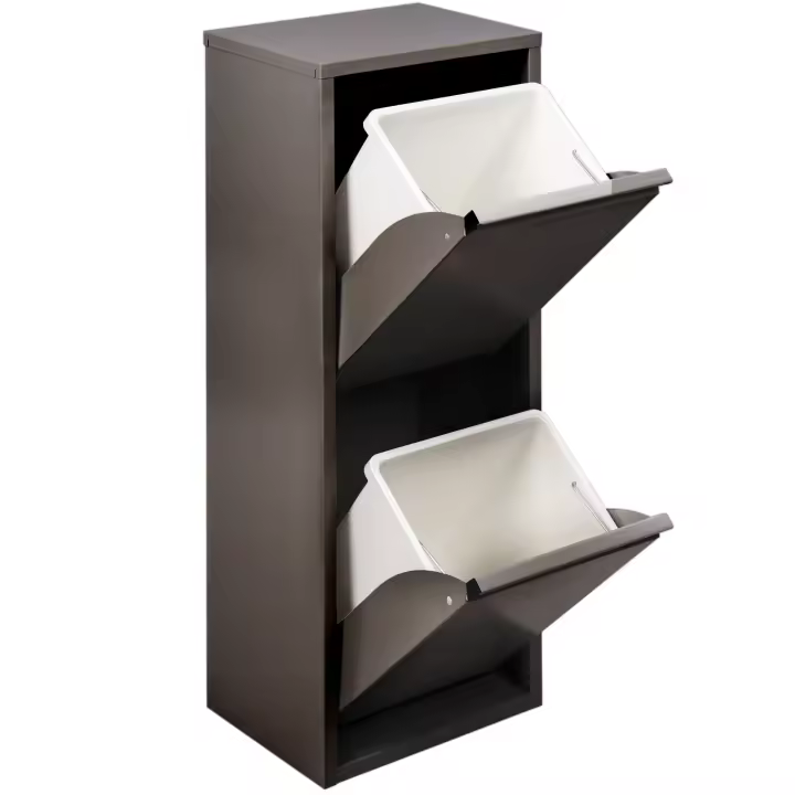 Cubo de basura metálico para reciclaje con 2 compartimentos de 2 x 20 litros (40 L) color negro - PrimeMatik - 1