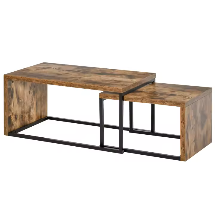 HOMCOM Juego de 2 Mesas de Centro, Mesa Nido Moderna, Mesitas Auxiliares, Marco de Metal, para Salón, Dormitorio, Grande 90x48x42 cm y Pequeña 59x42x36 cm, Marrón Rústico y Negro - 1