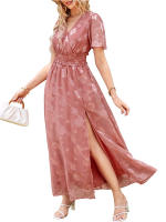 Vestido Maxi Casual Verano V Cuello Manga Batulada Cintura Alta Lace up Elegante Vestido Fluido Sin Mangas Para Mujer Abertura En Pierna Crosso - details 6