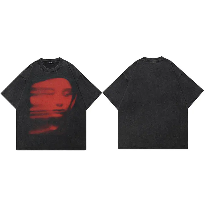 Camiseta Negra Lavada Para Hombres Estilo Harajuku Streetwear Con Diseño Rojo Cara Vintage Coton Unisex Top Hipster Y2K - 1