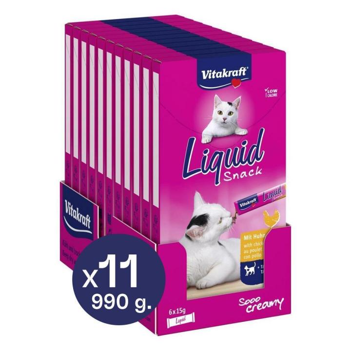 VITAKRAFT - Cat Liquid Snack líquido para gatos Sabor pollo con taurina / salmón con Omega 3 (Pack de 11x90g)