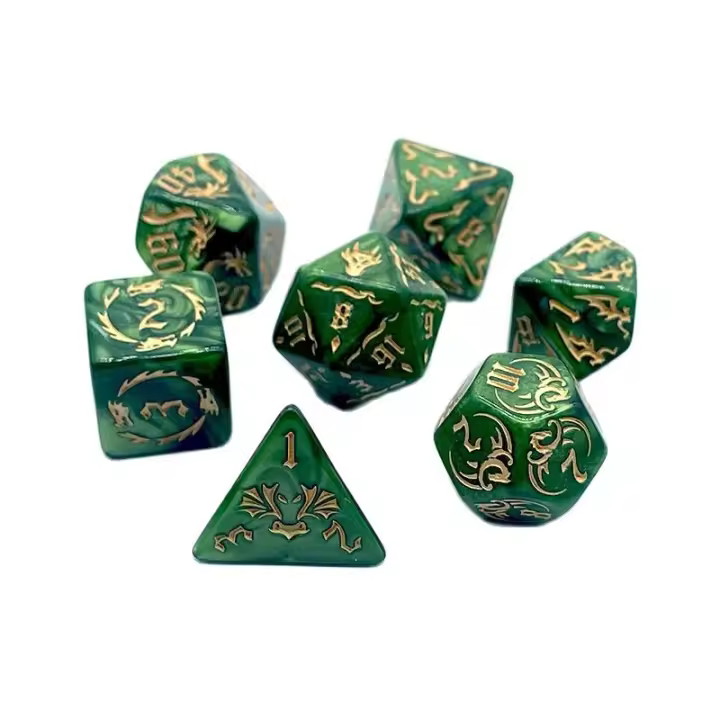 Juego De Dados Poliedros DND Con Dragón Verde Impreso Y Dos Tonos Para Juegos RPG Y D&D (7PCs) Con Bolsa OPP Blanca - 1