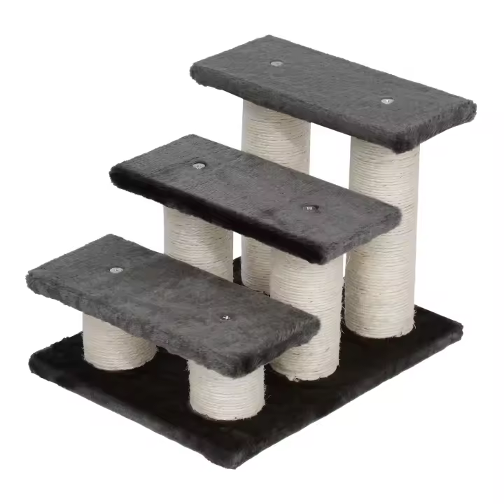 PawHut Escaleras para Animales Escaleras para Gatos Escaleras para Perros de 3 Peldaños Escaleras para Perros y Gatos Felpa Gris Oscuro 45 x 35 x 34 cm - 1