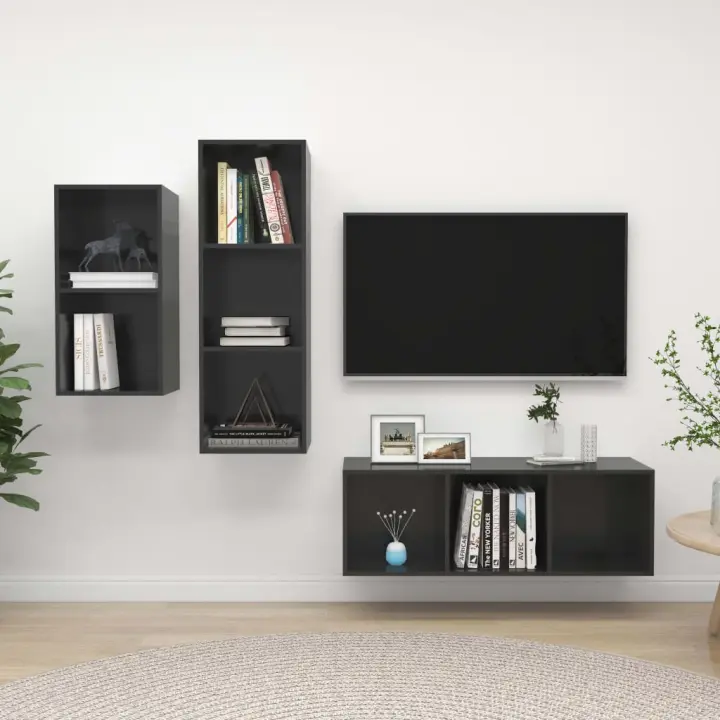 vidaXL Muebles de salón 3 piezas madera de ingeniería gris brillo - 1
