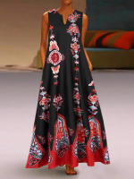 Vestido Largo Sin Mangas Para Mujer Estilo Vintage Con Flores Y Diseño V En El Cuello Vestido De Verano De Tela Poliéster Midi - details 0